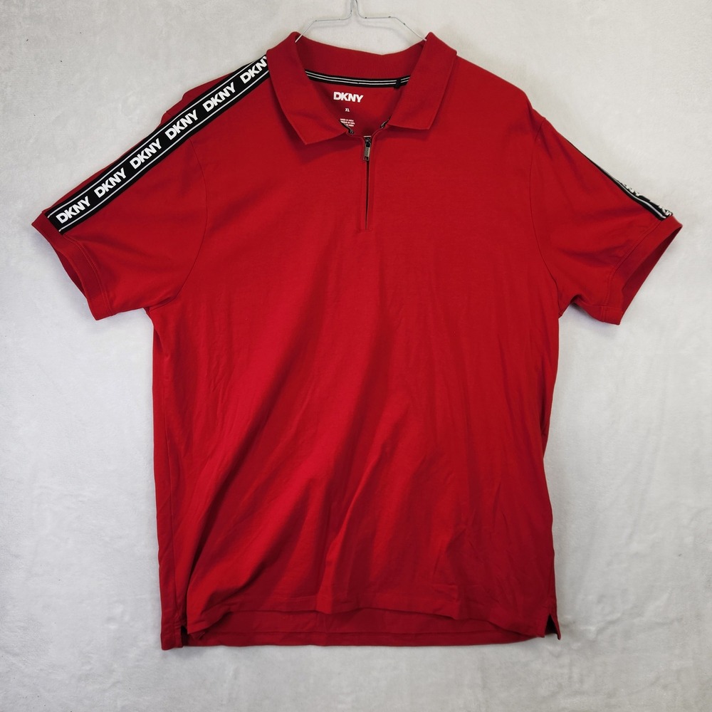 DKNY Mens Red‎ Quarter Zip Polo Shirt XL Logo Tape Shoulder Short Sleeve XL